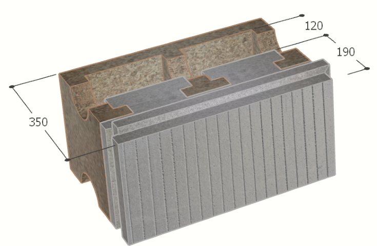 Image de Bloc à bancher en bois ciment (50x25 cm), isolant externe : 19 cm, épaisseur : 35 cm, béton : 12 cm, fabrication Belgique