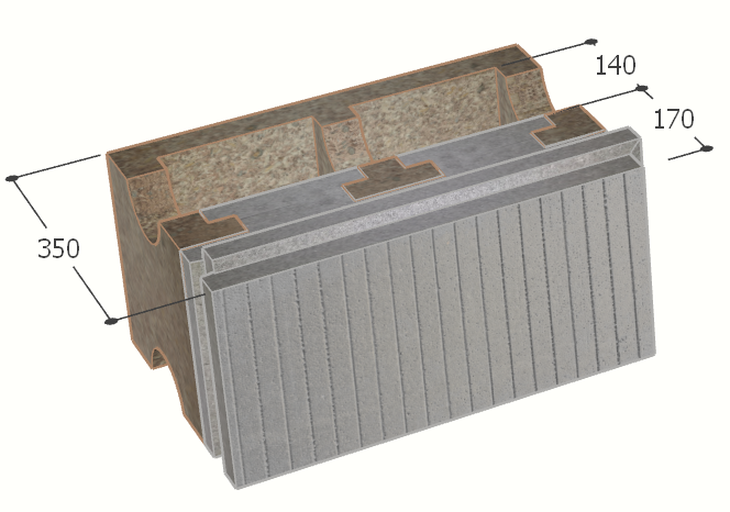 Image de Bloc à bancher en bois ciment (50x25 cm), isolant externe : 17 cm, épaisseur : 35 cm, béton : 14 cm, fabrication Belgique