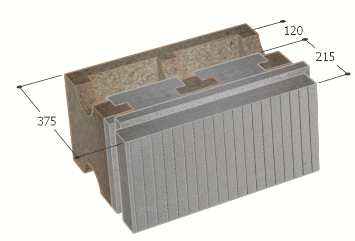 Image de Bloc à bancher en bois ciment (50x25 cm), isolant externe : 21.5 cm, épaisseur : 37.5 cm, béton : 12 cm, fabrication Belgique
