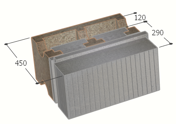 Image de Bloc à bancher en bois ciment (50x25 cm), isolant externe : 29 cm, épaisseur : 45 cm, béton : 12 cm, fabrication Belgique