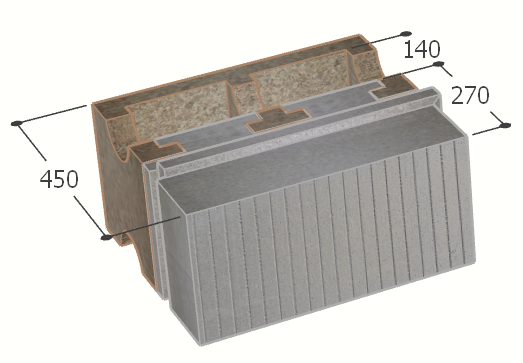 Image de Bloc à bancher en bois ciment (50x25 cm), isolant externe : 27 cm, épaisseur : 45 cm, béton : 14 cm, fabrication Belgique