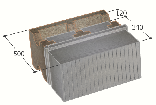 Image de Bloc à bancher en bois ciment (50x25 cm), isolant externe : 34 cm, épaisseur : 50 cm, béton : 12 cm, fabrication Belgique
