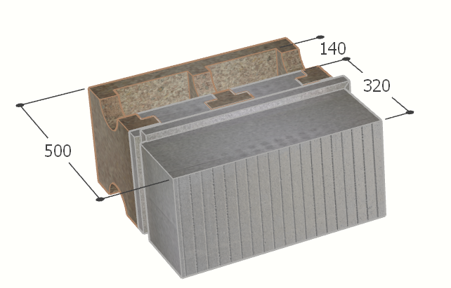 Image de Bloc à bancher en bois ciment (50x25 cm), isolant externe : 32 cm, épaisseur : 50 cm, béton : 14 cm, fabrication Belgique