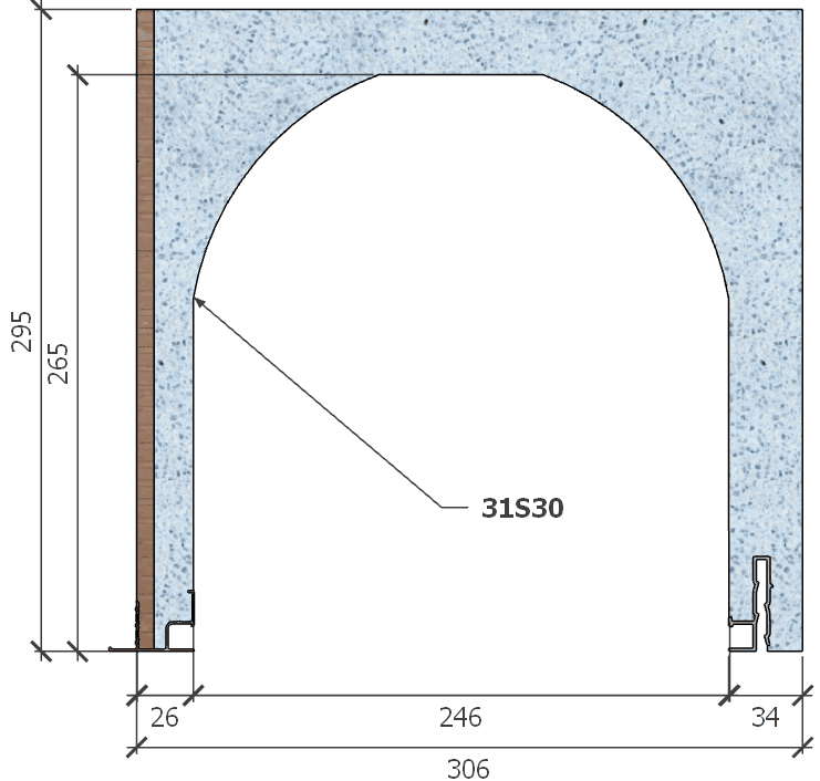 Image de Coffre (6 m) modèle haute isolation, L: 306, H: 295, tunnel: 246, rail 827/8R, finition terre cuite, couleur bleu. Rupture du pont thermique avec le rail 8R (côté intérieur), brevet exclusif Fixolite.
