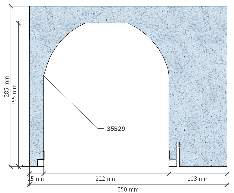 Image de Coffre (6 m) modèle haute isolation, L: 350, H: 285, tunnel: 222, rail 827/8E, finition polystyrène, couleur bleu. Rupture du pont thermique avec le rail 8E (côté intérieur), brevet exclusif Fixolite.