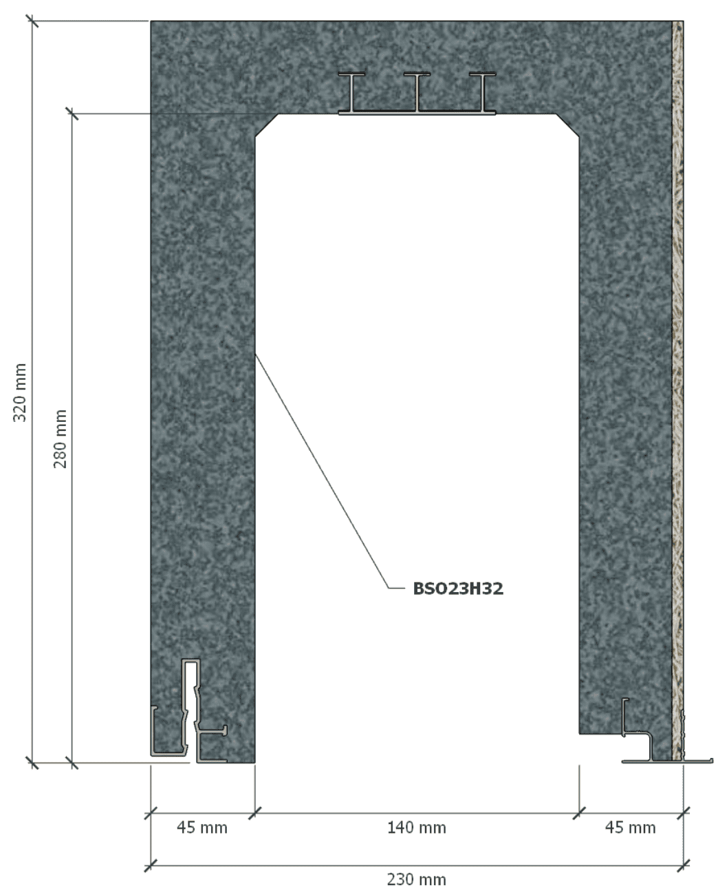 Image de Coffre (6 m) modèle BSO, L: 230, H: 320, tunnel: 140, rail 827/28FR, finition fibragglo, couleur gris