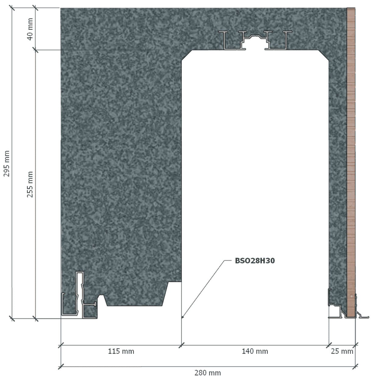 Image de Coffre (6 m) modèle BSO, L: 280, H: 295, tunnel: 140, rail 8F/28FR, finition terre cuite, couleur gris