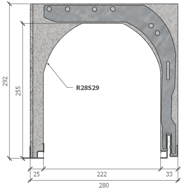 Image de Coffre (6 m) modèle renforcé, L: 280, H: 292, tunnel: 222, rail 827/28FR, finition fibragglo, couleur gris.