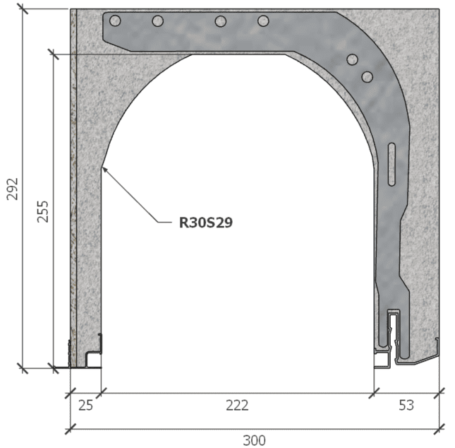 Image de Coffre (6 m) modèle renforcé, L: 300, H: 292, tunnel: 222, rail 827/30FR, finition fibragglo, couleur gris